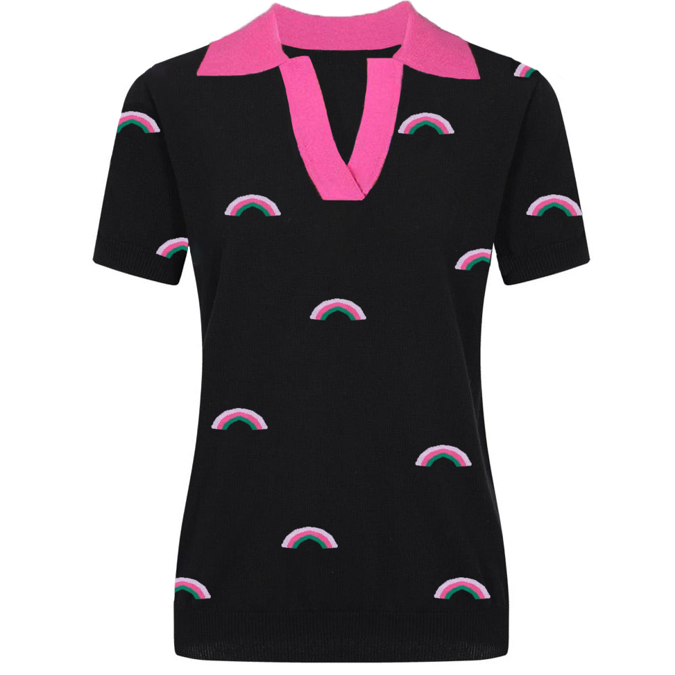 Women Rainbow V-Neck Short-Sleeved Knitted T-Shirt