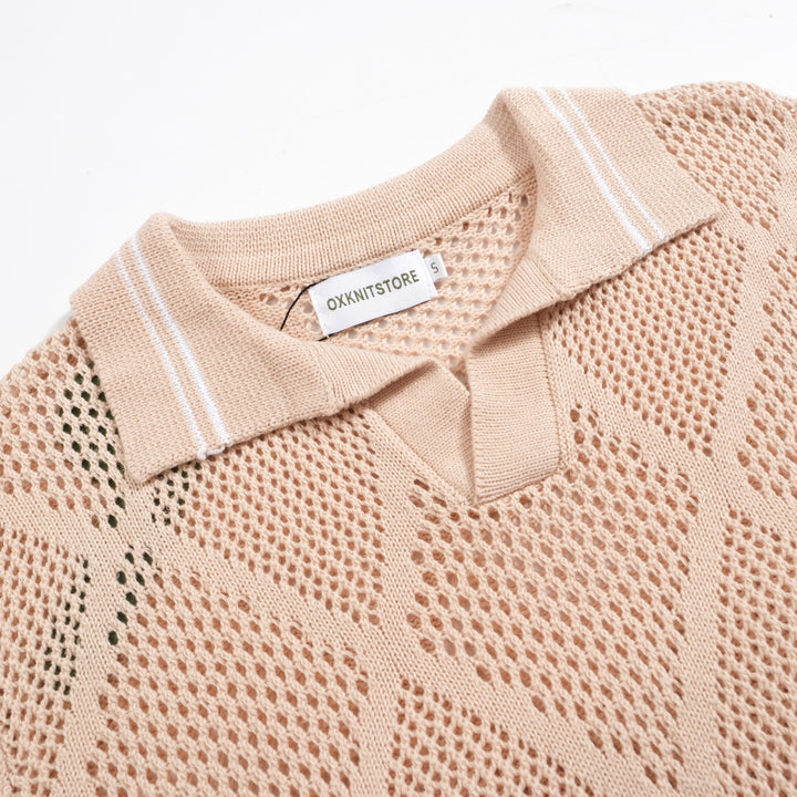 Men's apricot vintage skeletonized knitted V-neck polo