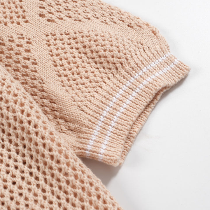 Men's apricot vintage skeletonized knitted V-neck polo