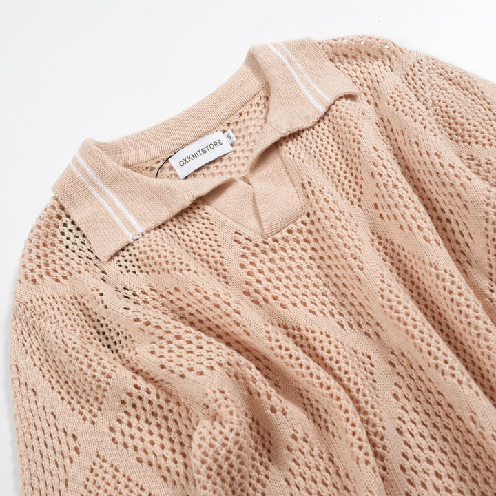 Men's apricot vintage skeletonized knitted V-neck polo