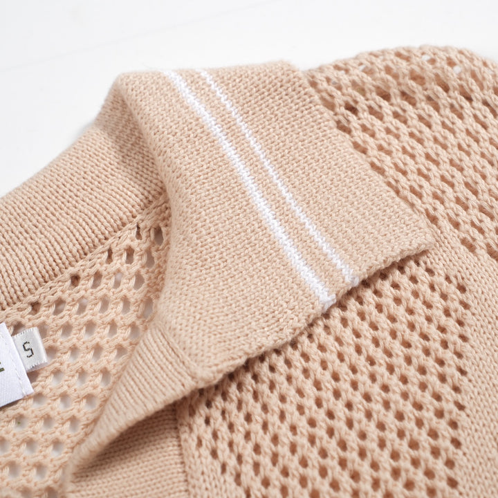 Men's apricot vintage skeletonized knitted V-neck polo