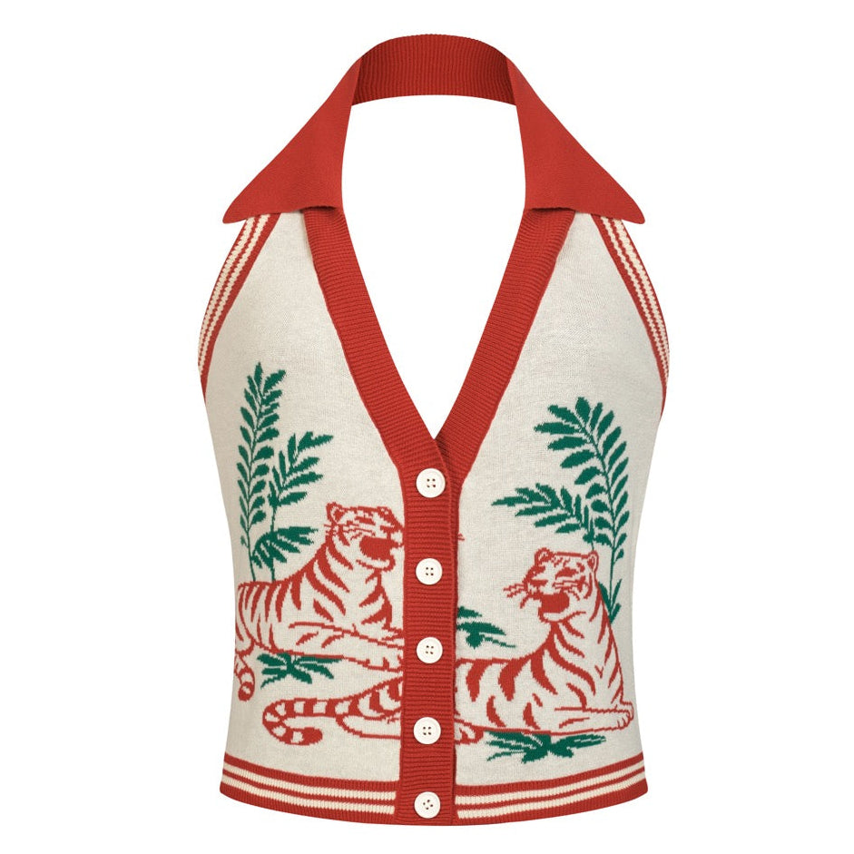 Women's Apricot Vintage Animal Pattern Jacquard Halter Knit Vest