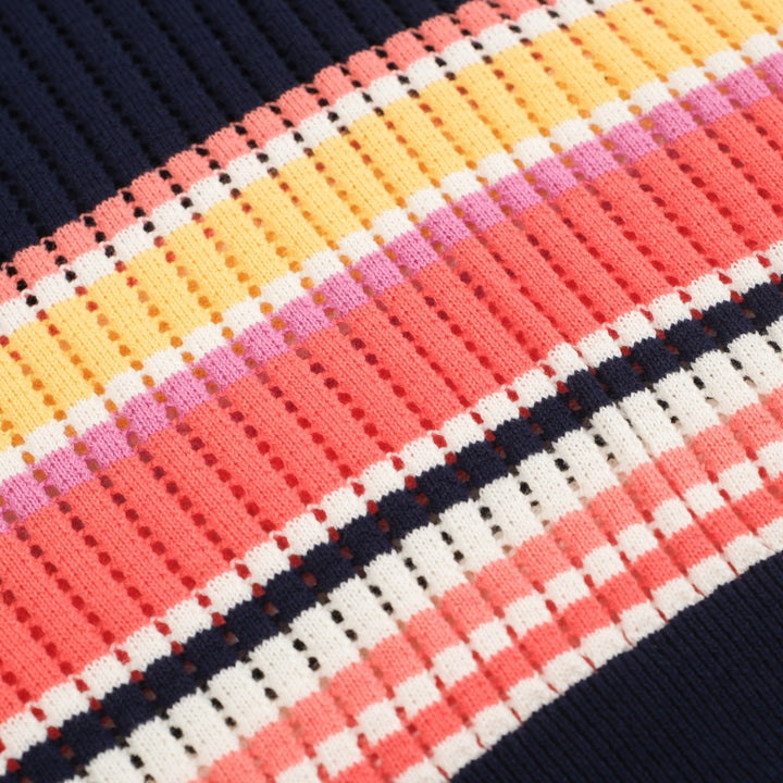 Pólo masculino de malha vazada com listras multicoloridas