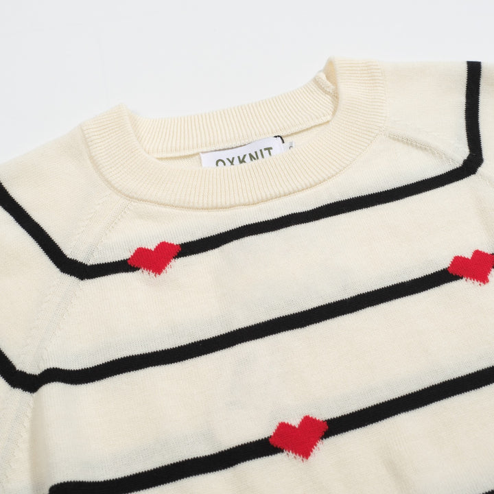 Women’s Striped Knit Tee – Cream Short Sleeve with Red Hearts-Cropped Length