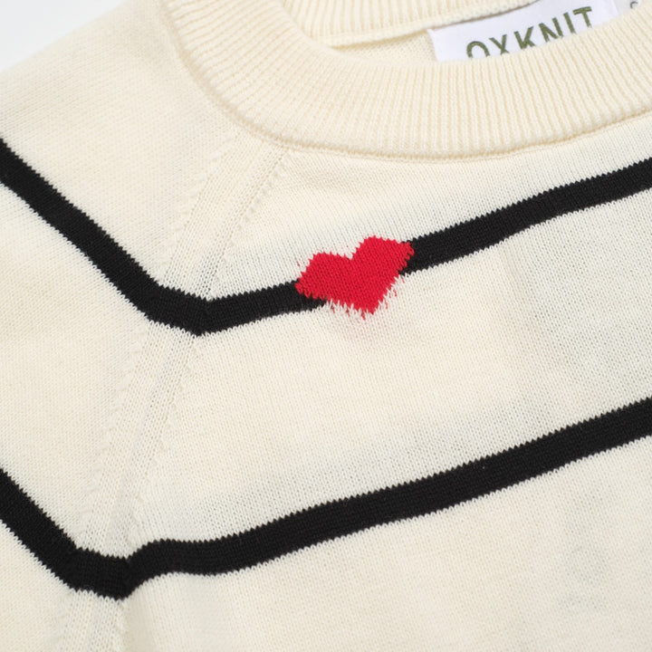 Women’s Striped Knit Tee – Cream Short Sleeve with Red Hearts-Cropped Length