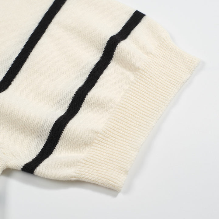 Women’s Striped Knit Tee – Cream Short Sleeve with Red Hearts-Cropped Length