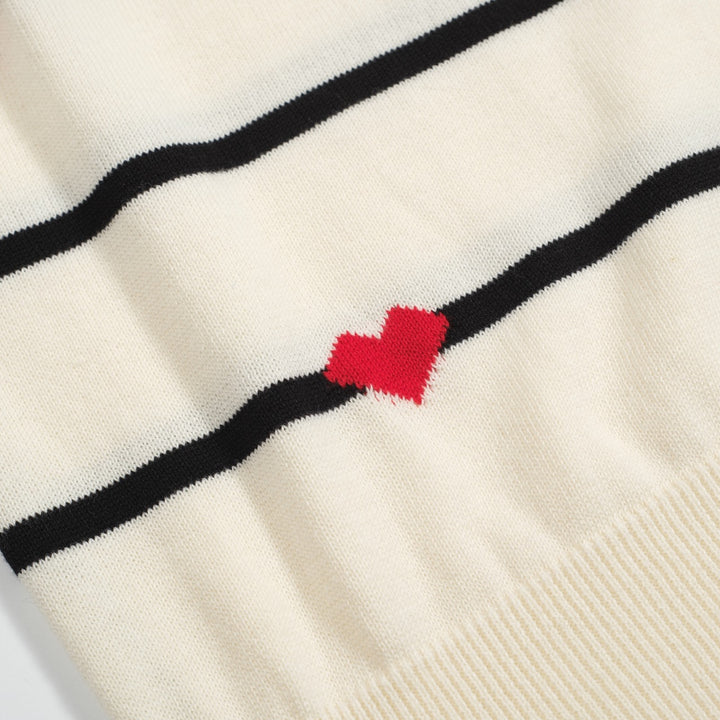 Women’s Striped Knit Tee – Cream Short Sleeve with Red Hearts-Cropped Length