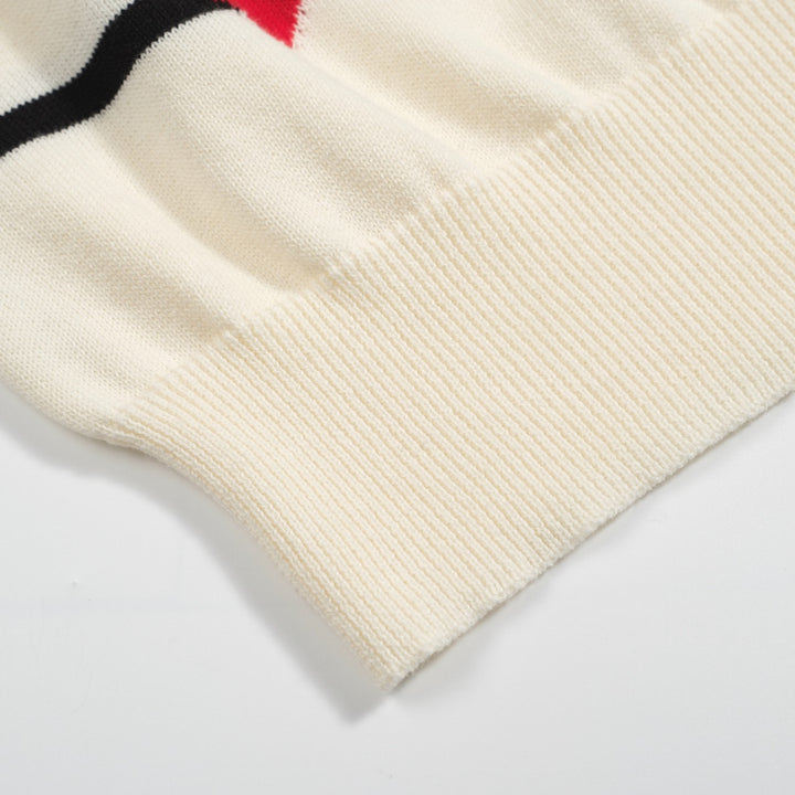 Women’s Striped Knit Tee – Cream Short Sleeve with Red Hearts-Cropped Length