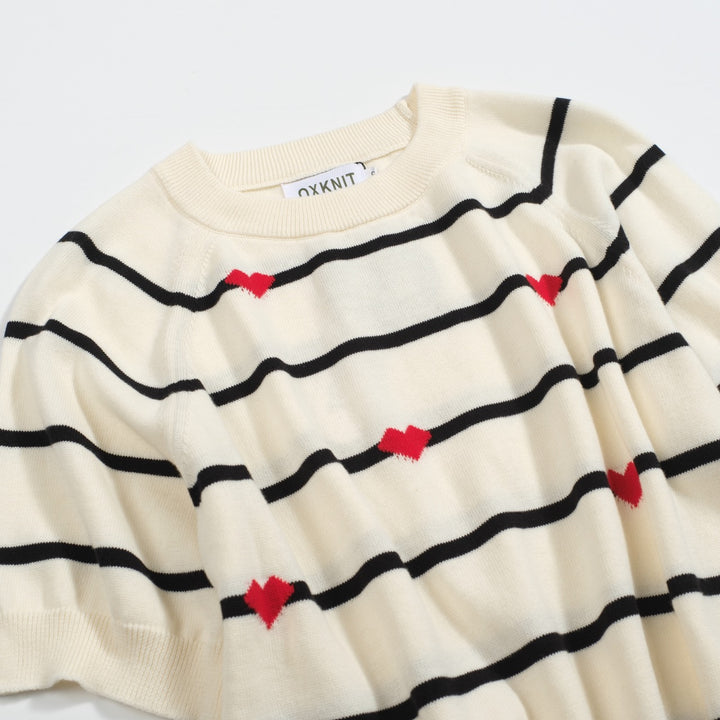 Women’s Striped Knit Tee – Cream Short Sleeve with Red Hearts-Cropped Length