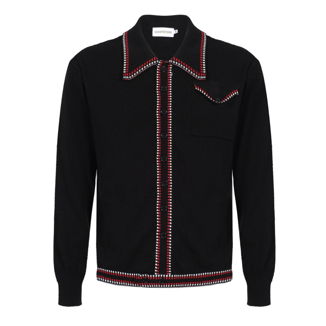 Herr Retro Western Stickad Skjorta – Vintage Svart med Röd & Vit kant