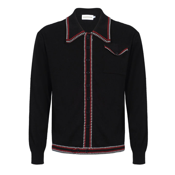 Herr Retro Western Stickad Skjorta – Vintage Svart med Röd & Vit kant