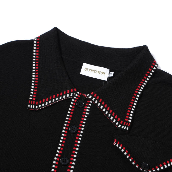 Herr Retro Western Stickad Skjorta – Vintage Svart med Röd & Vit kant