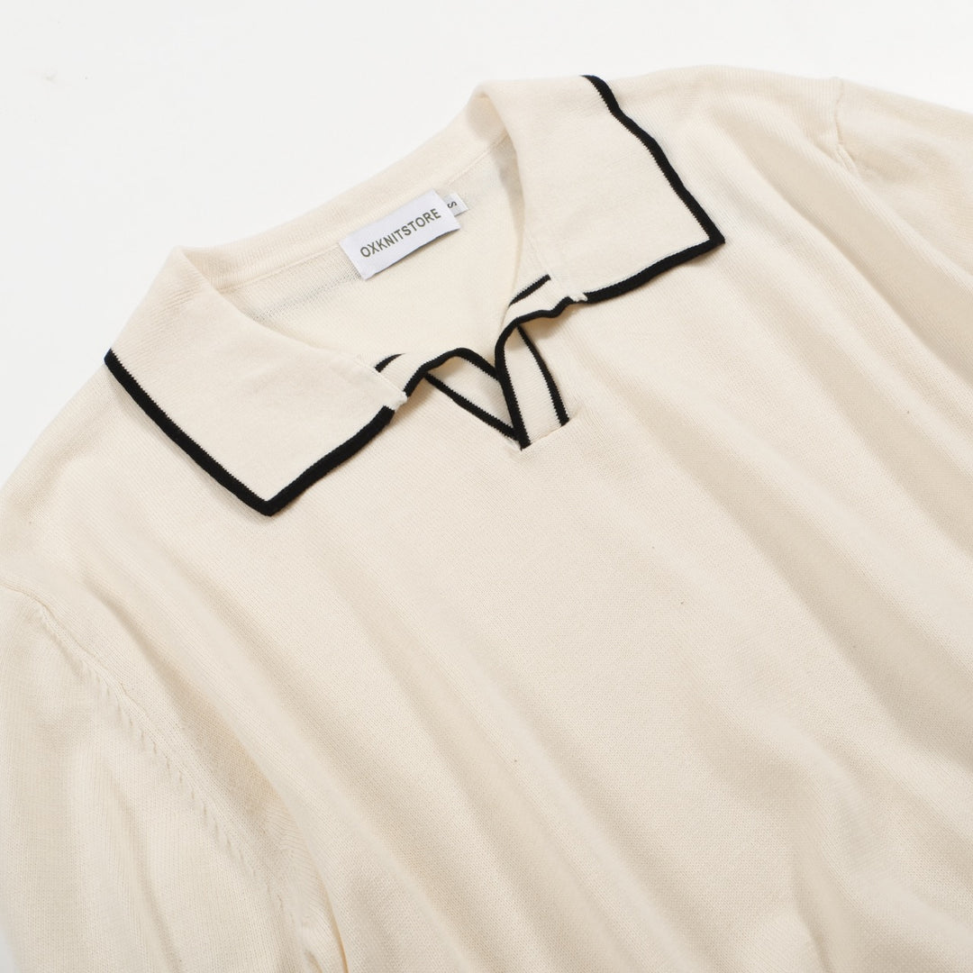 Polo de punto de crema moda de 60 años para hombres - moldura de punta negra