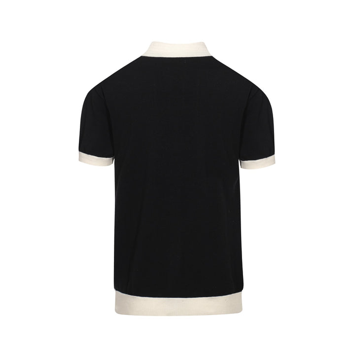 Mod de 60 años en blanco y negro Polo de punto floral de gran tamaño-Camisa retro abotonada