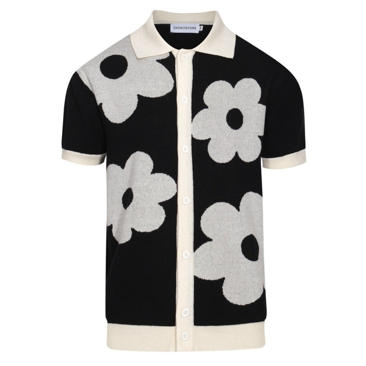 Mod de 60 años en blanco y negro Polo de punto floral de gran tamaño-Camisa retro abotonada