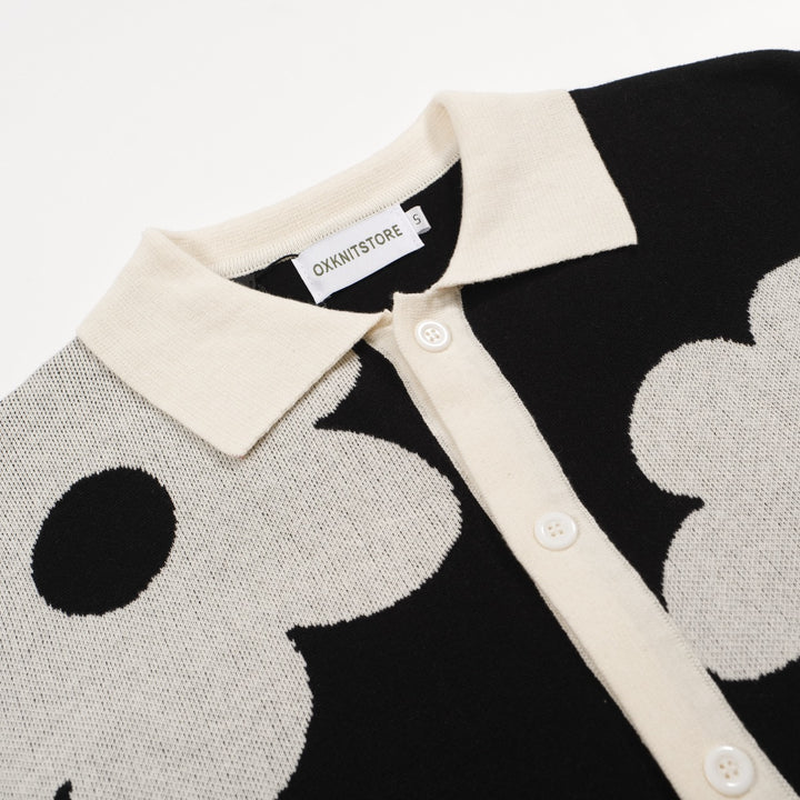 Mod de 60 años en blanco y negro Polo de punto floral de gran tamaño-Camisa retro abotonada