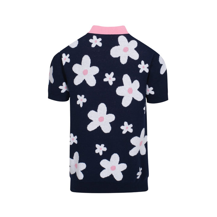 Polo masculino de malha margarida azul marinho dos anos 70 – gola retrô rosa
