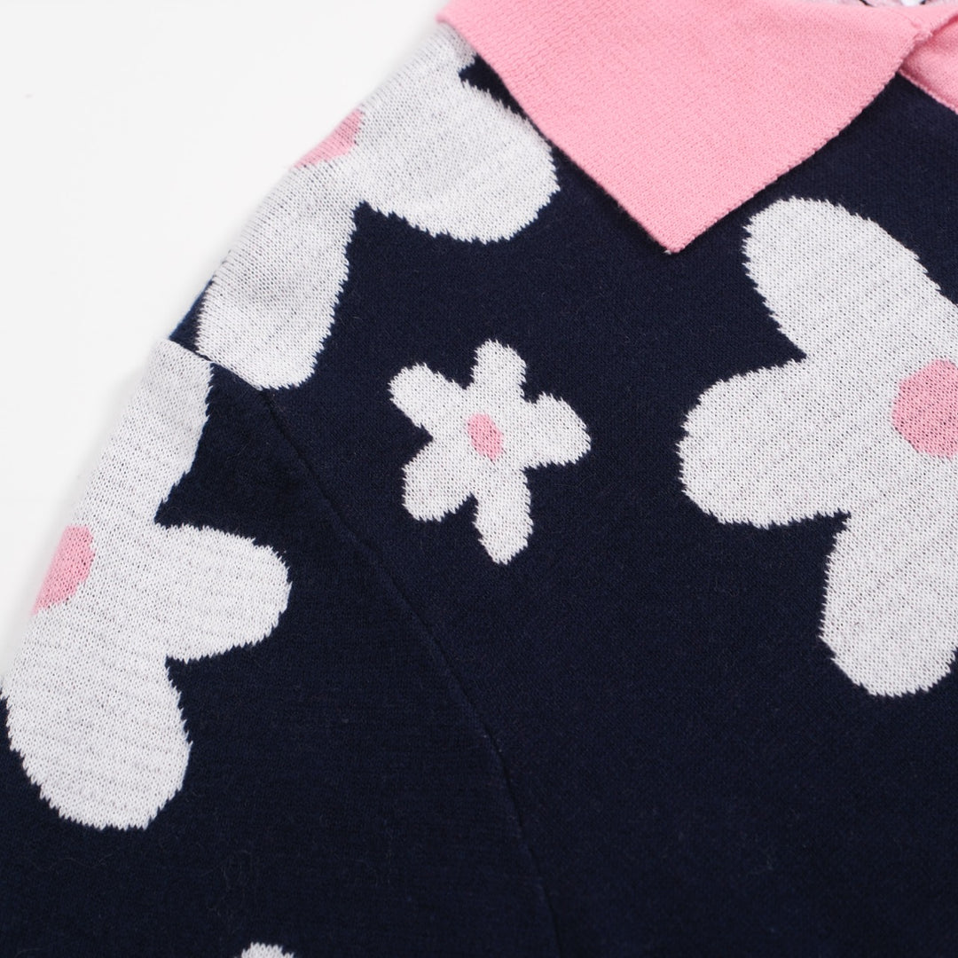 Polo masculino de malha margarida azul marinho dos anos 70 – gola retrô rosa