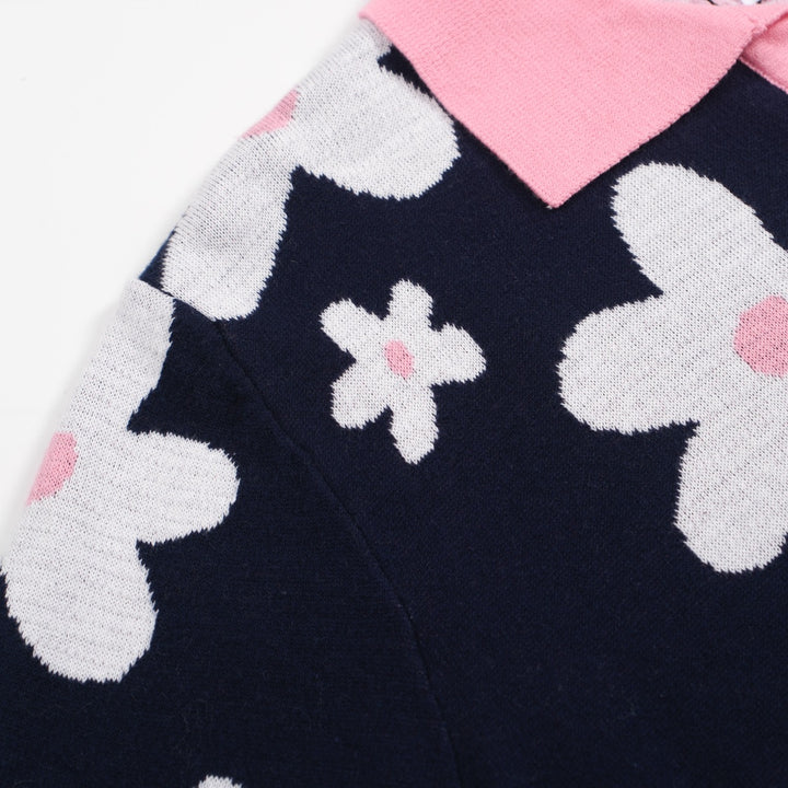 Polo masculino de malha margarida azul marinho dos anos 70 – gola retrô rosa