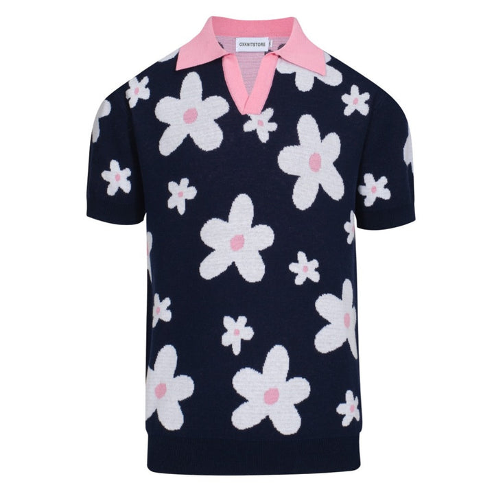 Polo masculino de malha margarida azul marinho dos anos 70 – gola retrô rosa