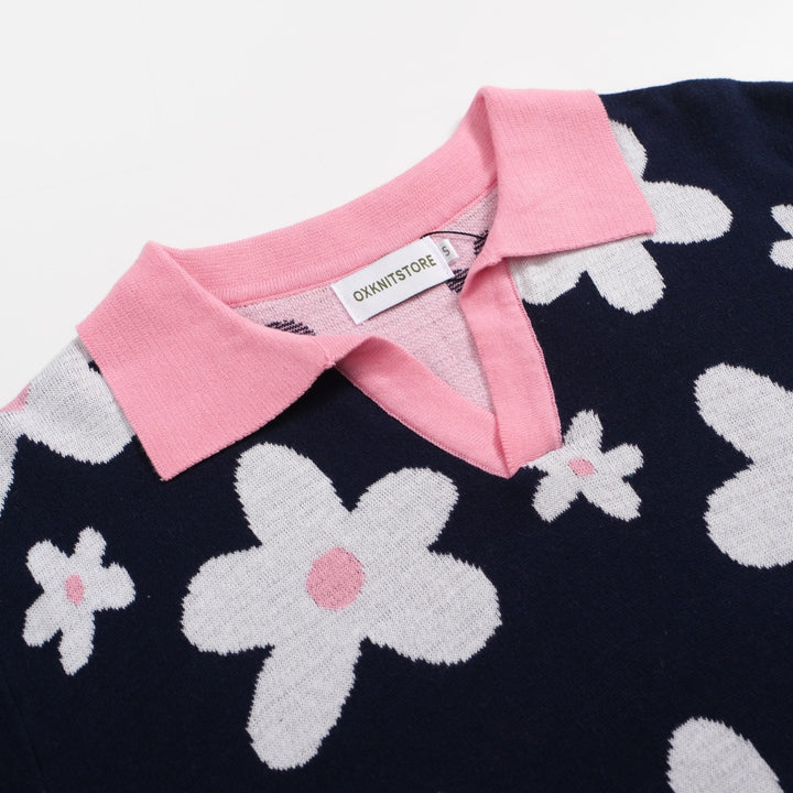 Polo masculino de malha margarida azul marinho dos anos 70 – gola retrô rosa