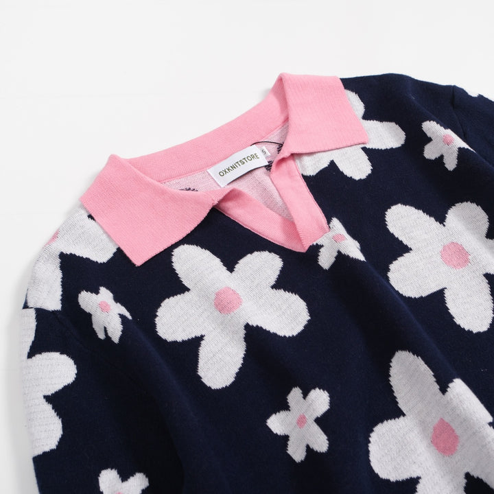 Polo masculino de malha margarida azul marinho dos anos 70 – gola retrô rosa