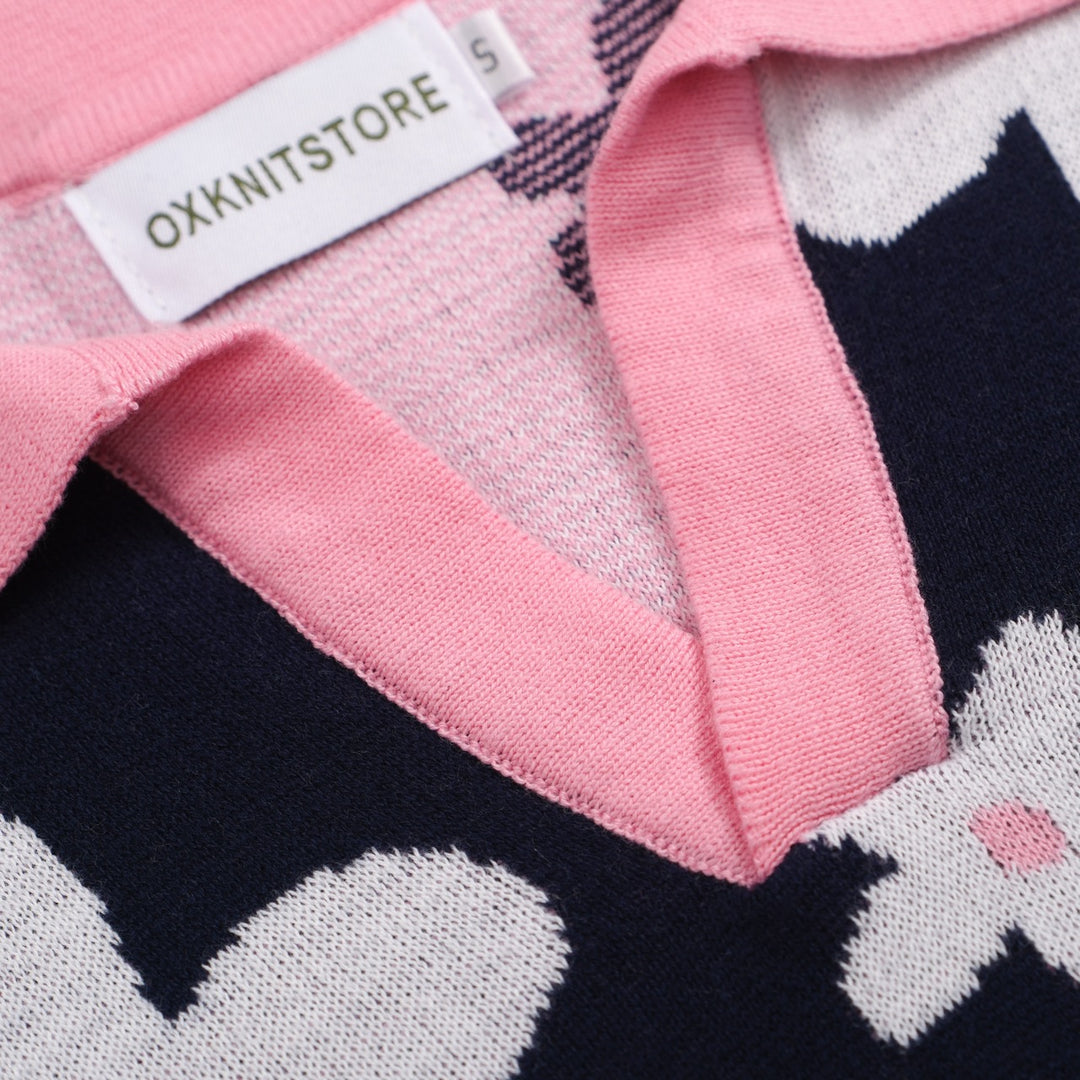 Polo masculino de malha margarida azul marinho dos anos 70 – gola retrô rosa
