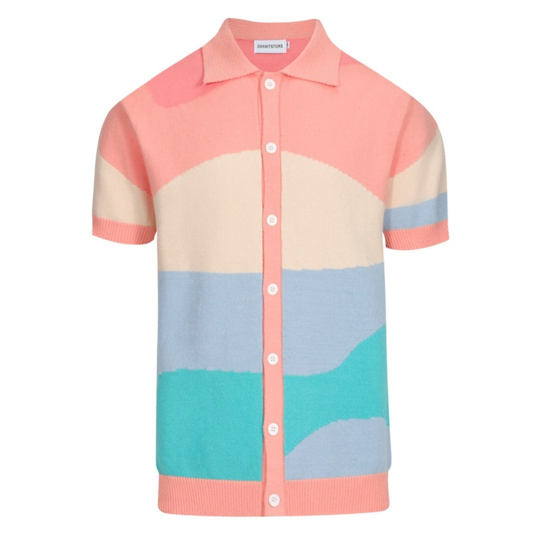 Chemise en tricot pastel pour hommes des années 70 – boutonnée à blocs de couleurs abstraits