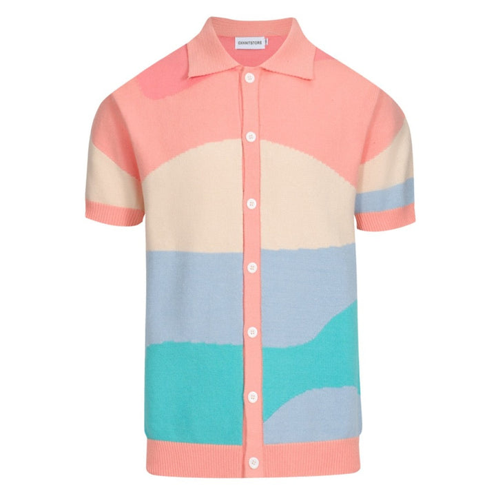 Chemise en tricot pastel pour hommes des années 70 – boutonnée à blocs de couleurs abstraits