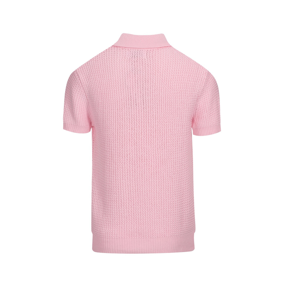 Heren 60s Mod Pink Waffle Knit Polo - Lichtgewicht retro shirt met V-hals