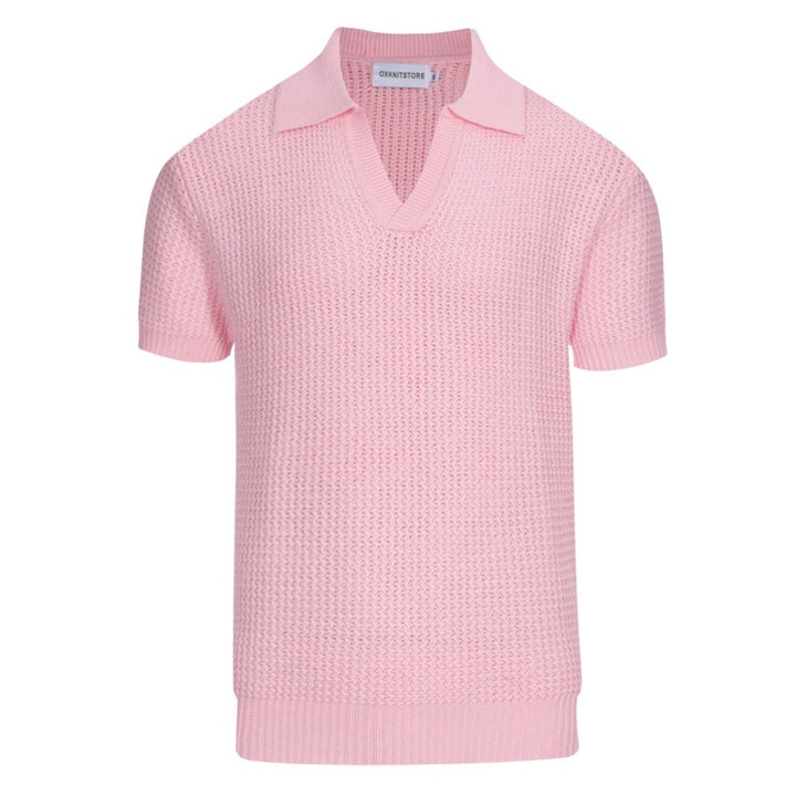 Heren 60s Mod Pink Waffle Knit Polo - Lichtgewicht retro shirt met V-hals