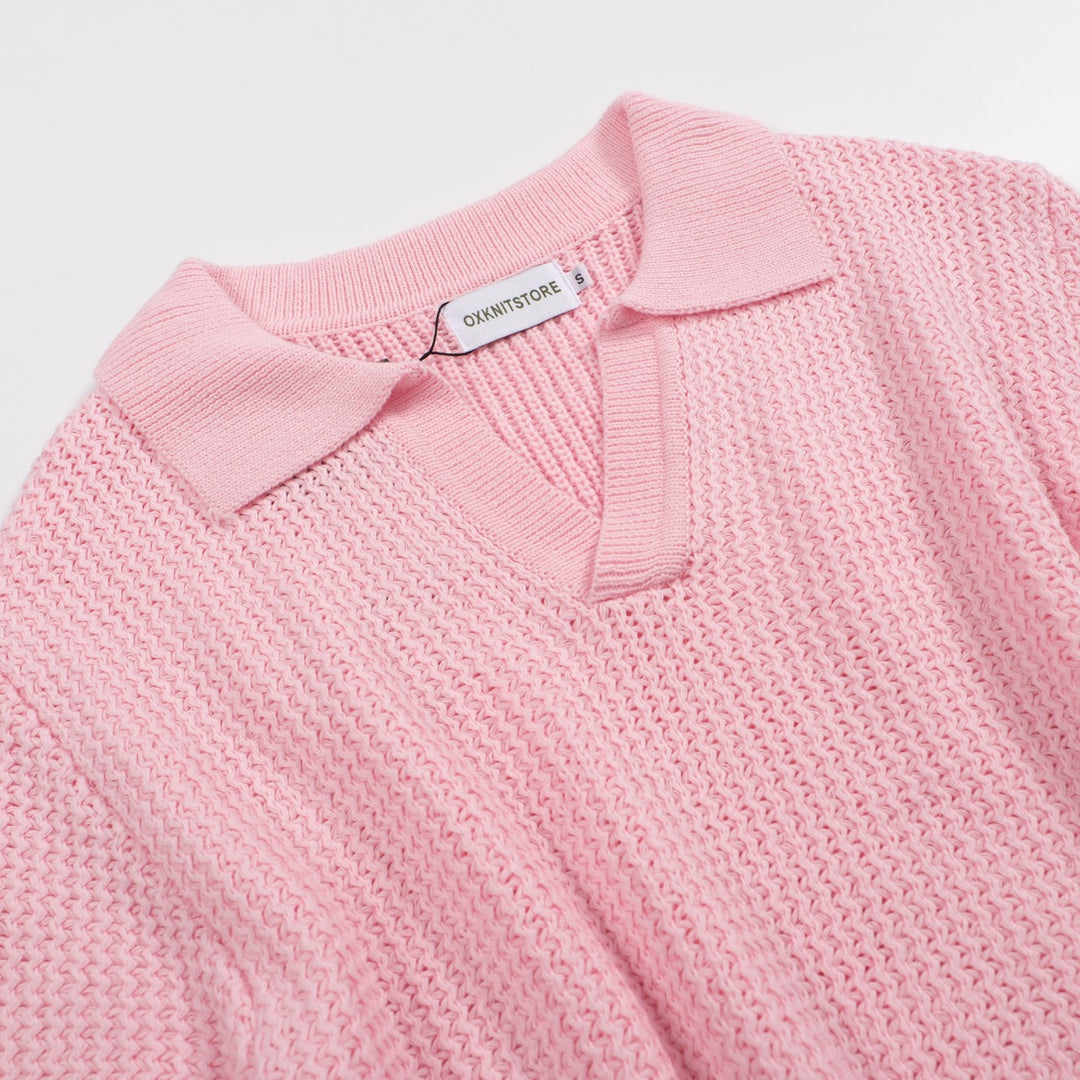 Heren 60s Mod Pink Waffle Knit Polo - Lichtgewicht retro shirt met V-hals