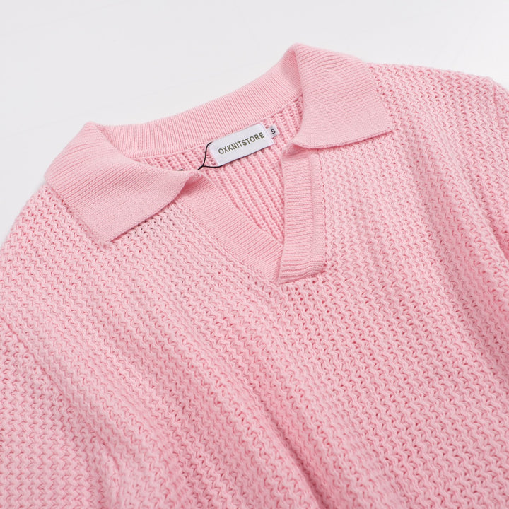 Heren 60s Mod Pink Waffle Knit Polo - Lichtgewicht retro shirt met V-hals