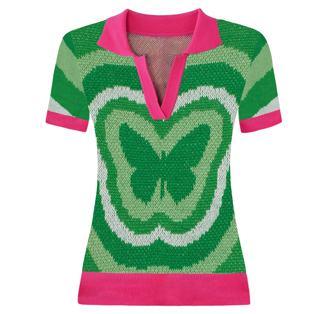Women's striped V-neck knit T-shirt