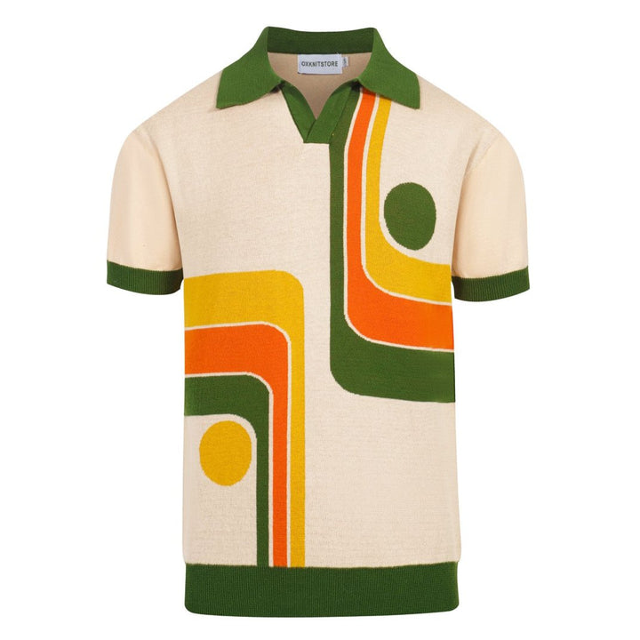 Retro strik polo til mænd – Vintage cremeknapper med 70'er geometrisk grafik