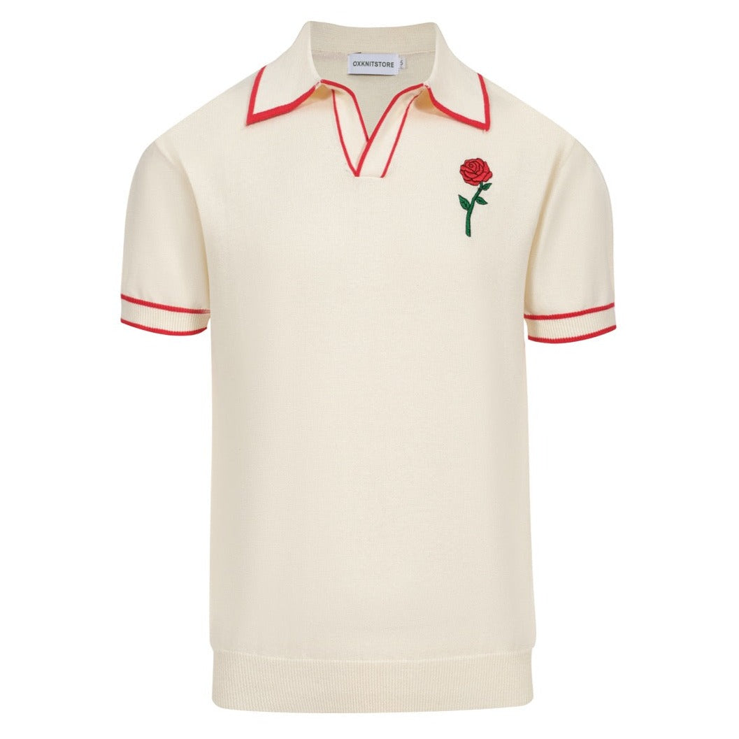 Men’s Vintage Knit Polo – Retro Cream Button-Up with Rose Embroidery