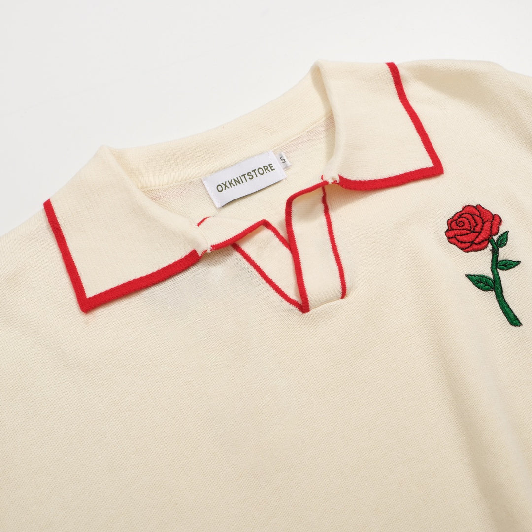 Men’s Vintage Knit Polo – Retro Cream Button-Up with Rose Embroidery