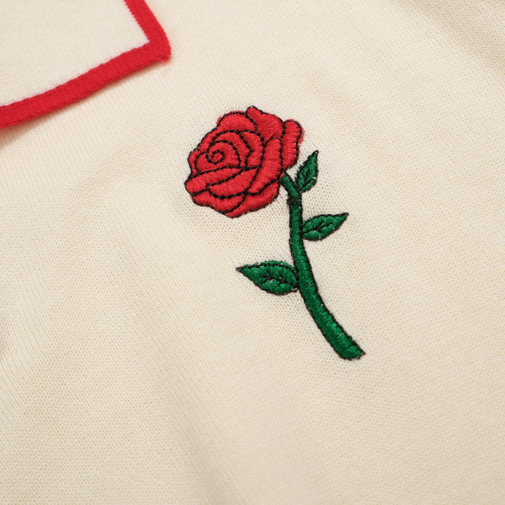 Men’s Vintage Knit Polo – Retro Cream Button-Up with Rose Embroidery
