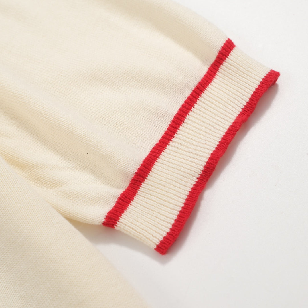 Men’s Vintage Knit Polo – Retro Cream Button-Up with Rose Embroidery