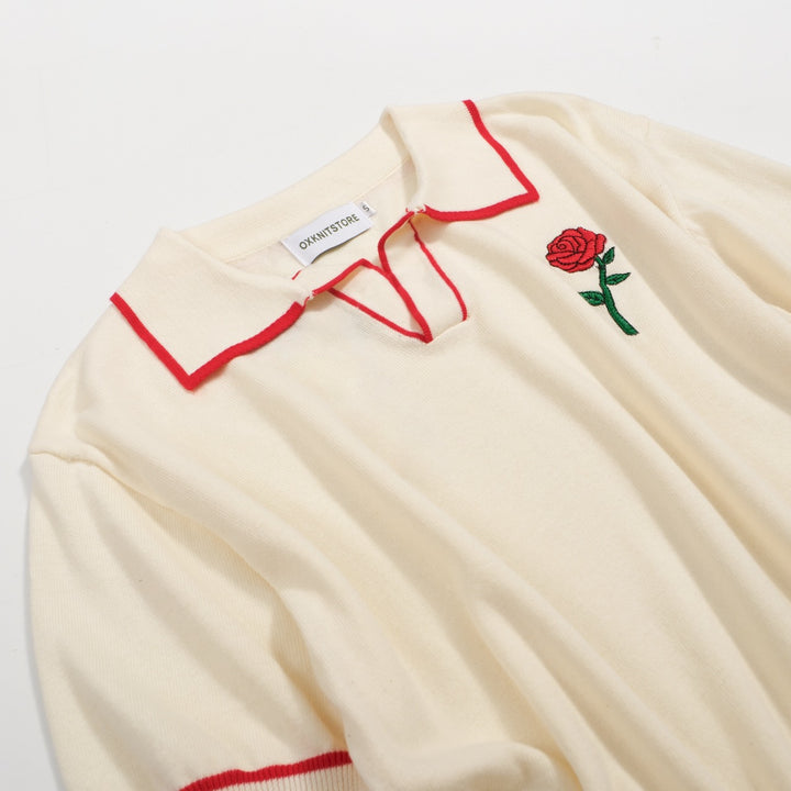 Men’s Vintage Knit Polo – Retro Cream Button-Up with Rose Embroidery
