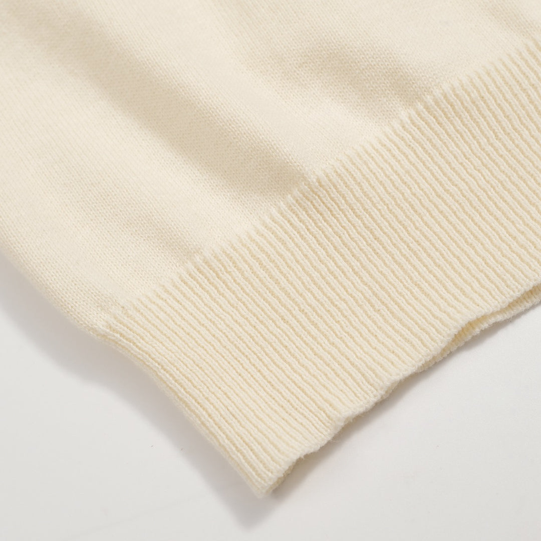 Men’s Vintage Knit Polo – Retro Cream Button-Up with Rose Embroidery