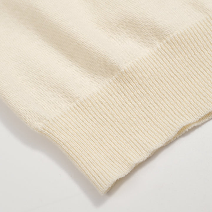 Men’s Vintage Knit Polo – Retro Cream Button-Up with Rose Embroidery