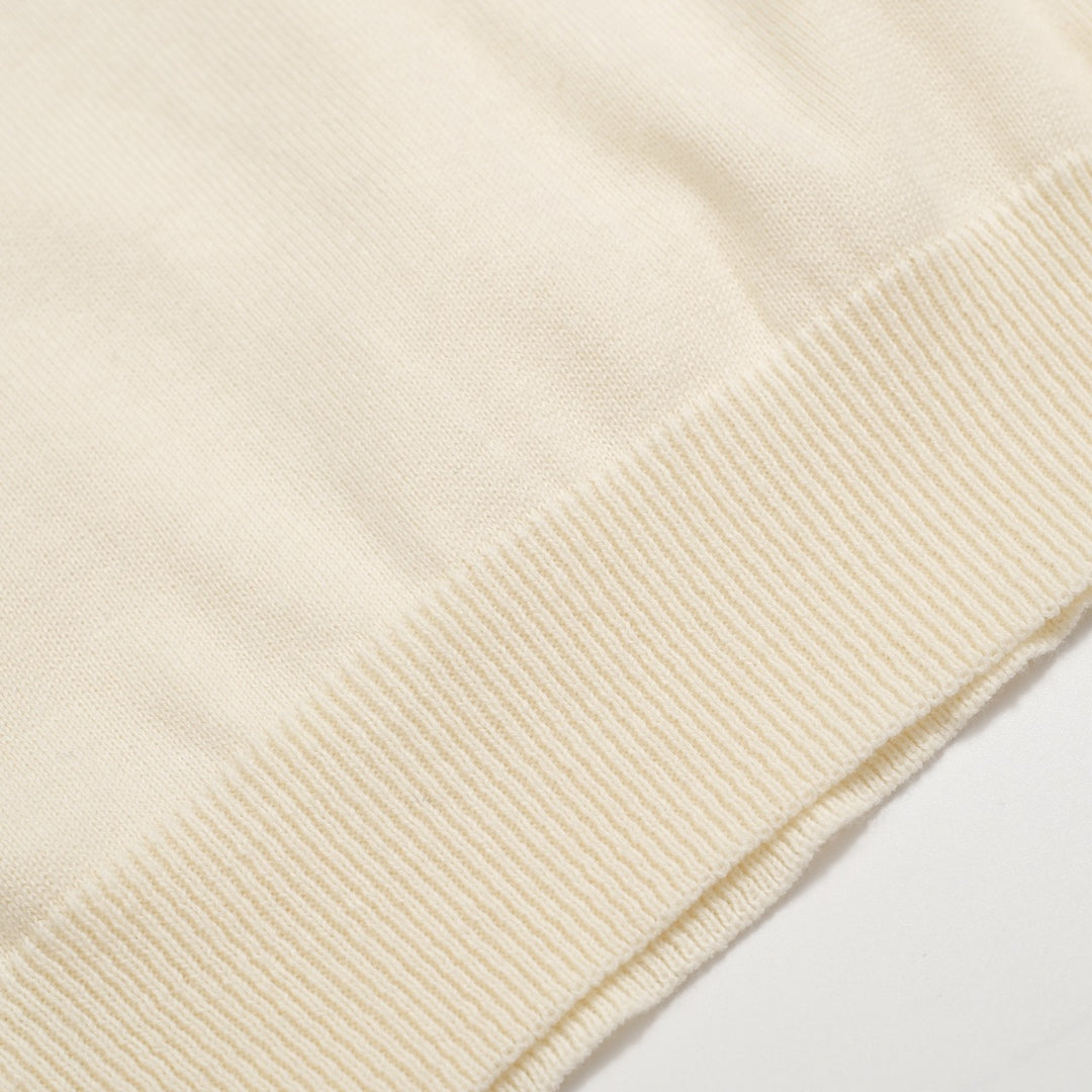 Men’s Vintage Knit Polo – Retro Cream Button-Up with Rose Embroidery