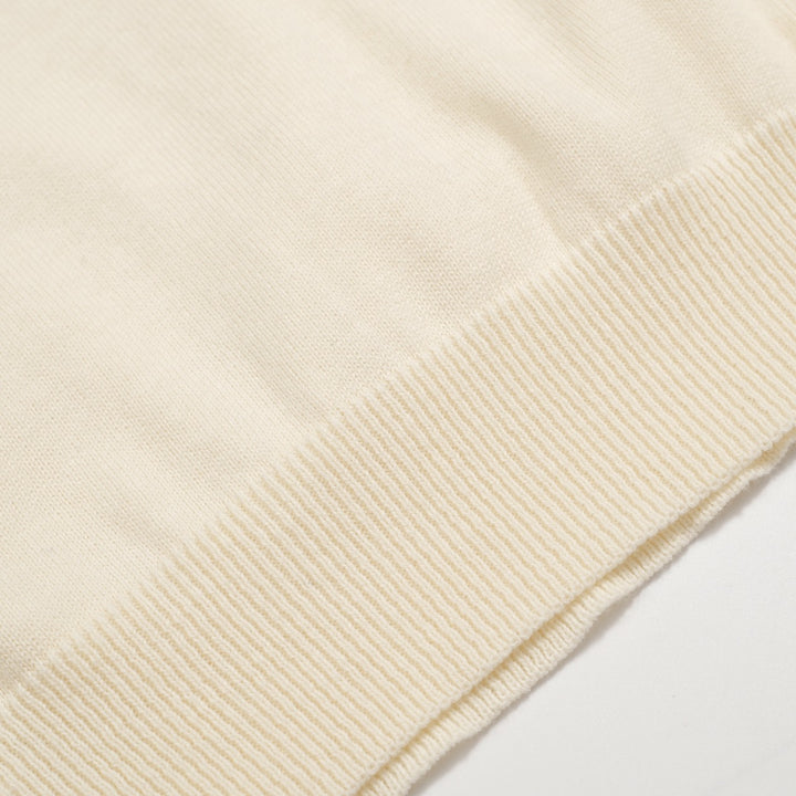 Men’s Vintage Knit Polo – Retro Cream Button-Up with Rose Embroidery