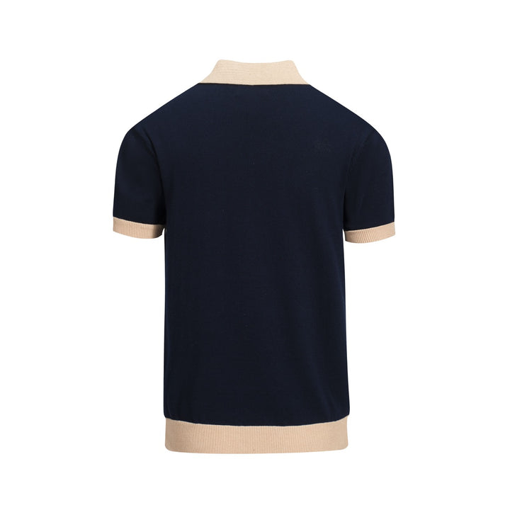 Men’s Retro 1970s Guitar Knit Polo Shirt – Vintage Navy with Psychedelic Beige Motif