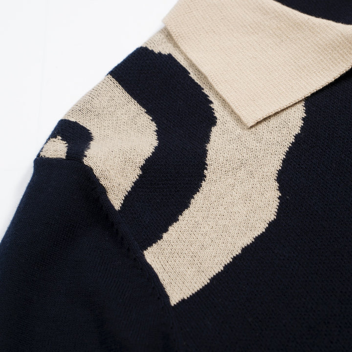Men’s Retro 1970s Guitar Knit Polo Shirt – Vintage Navy with Psychedelic Beige Motif