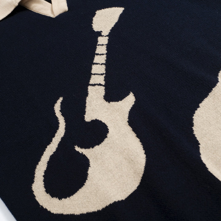 Men’s Retro 1970s Guitar Knit Polo Shirt – Vintage Navy with Psychedelic Beige Motif