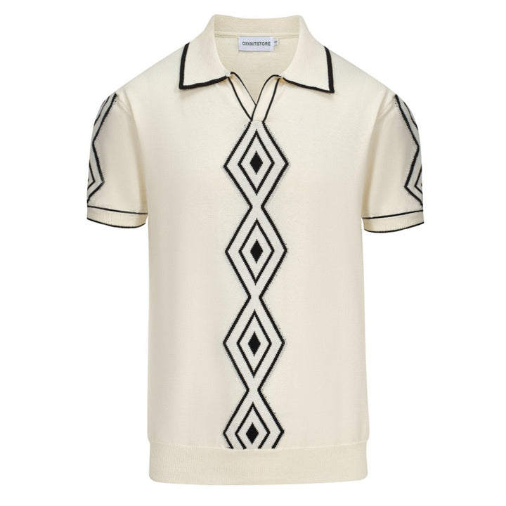 Men’s Vintage 1970s Knit Polo Shirt – Retro Cream with Black Diamond Pattern