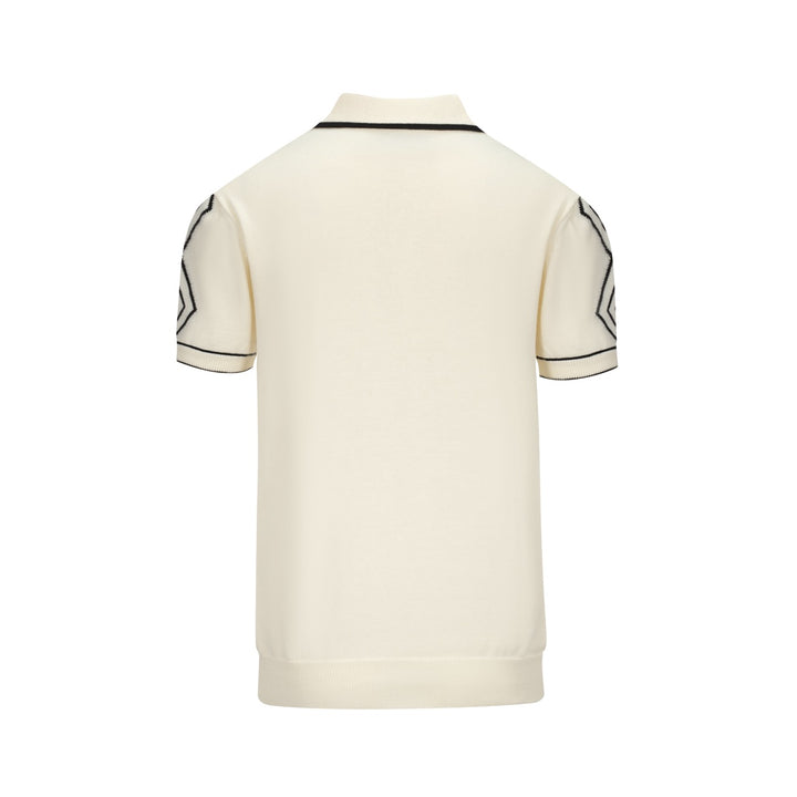 Men’s Vintage 1970s Knit Polo Shirt – Retro Cream with Black Diamond Pattern
