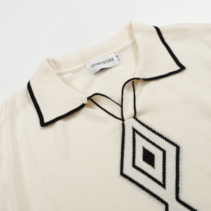 Men’s Vintage 1970s Knit Polo Shirt – Retro Cream with Black Diamond Pattern